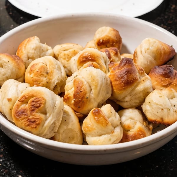 Golden-brown garlic knots with herbs in a white bowl on a dark countertop.