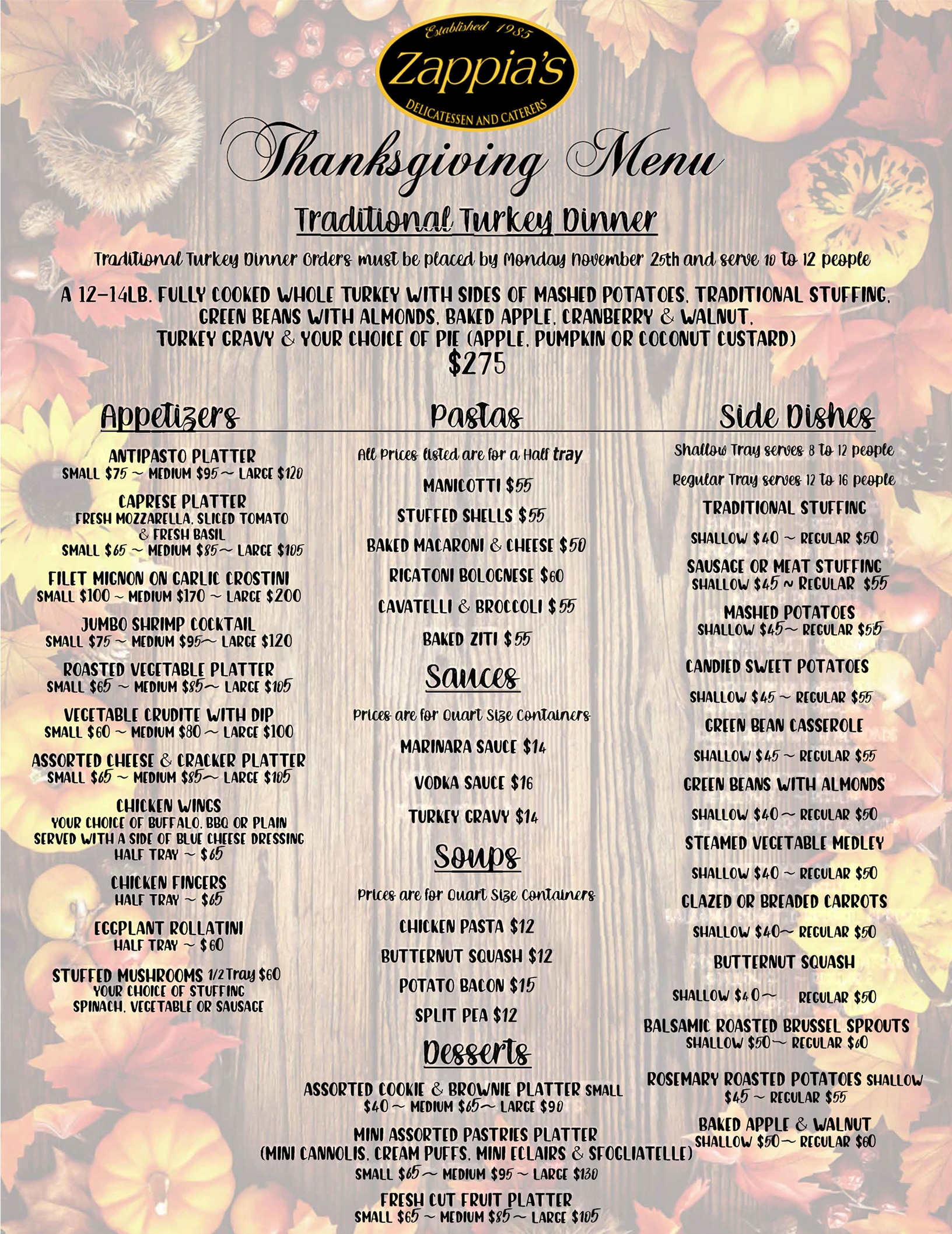 Zappias Thanksgiving Menu 2024